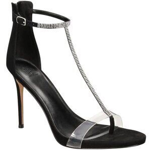 Aaj By Aminah ANIYA T-Strap Embellished Ankle Strap Heels in Black, Size‎ 8.5